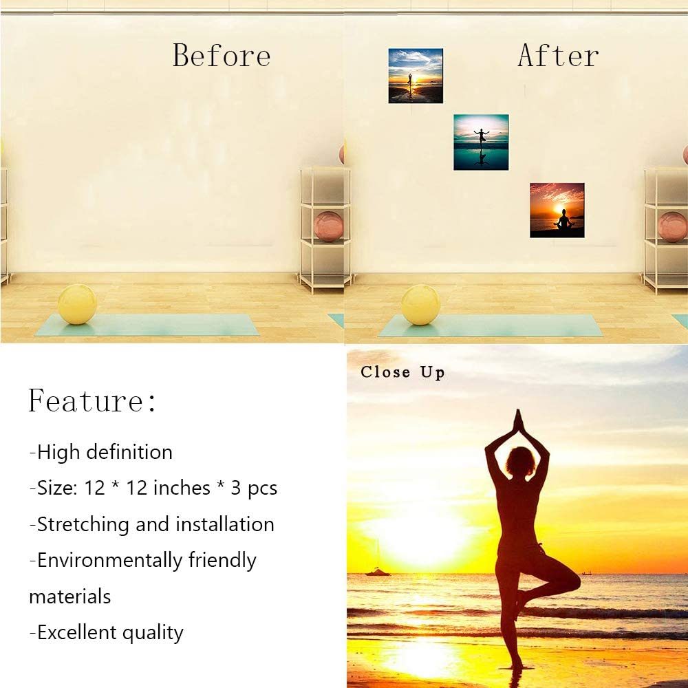 Modern Canvas Painting A People Do Yoga or Exercise for Workout Wall Art Sport Picture Printed Canvas Giclee Artwork on Gym, Bedroom or Studio, Home Wall 3 Panels Framed Decoration