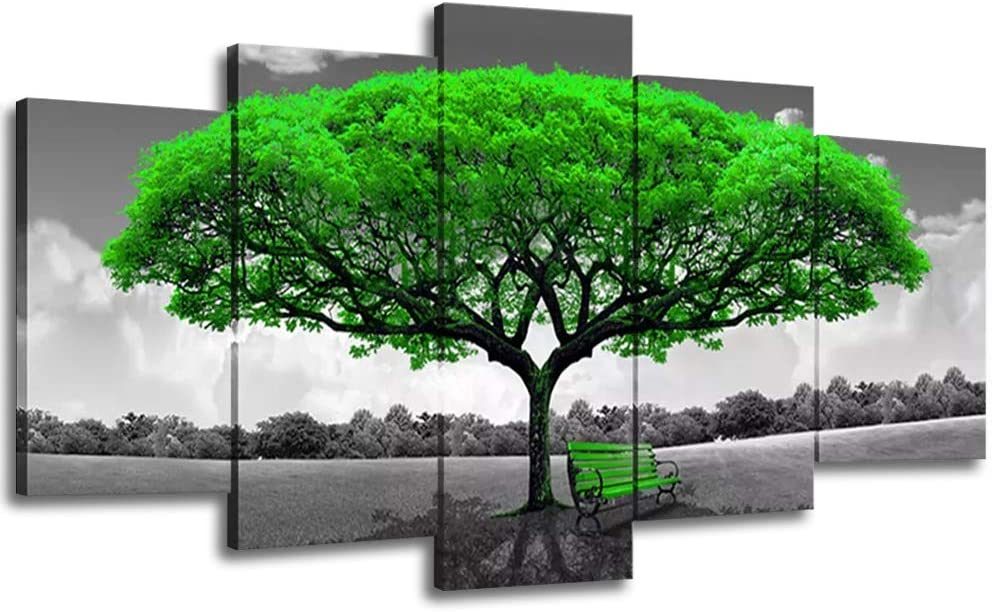 Canvas Wall Art Green Tree Landscape Painting Black and White Picture Prints Framed Artwork Large Wall Art for Living Room Bedroom Decoration 5 Pieces