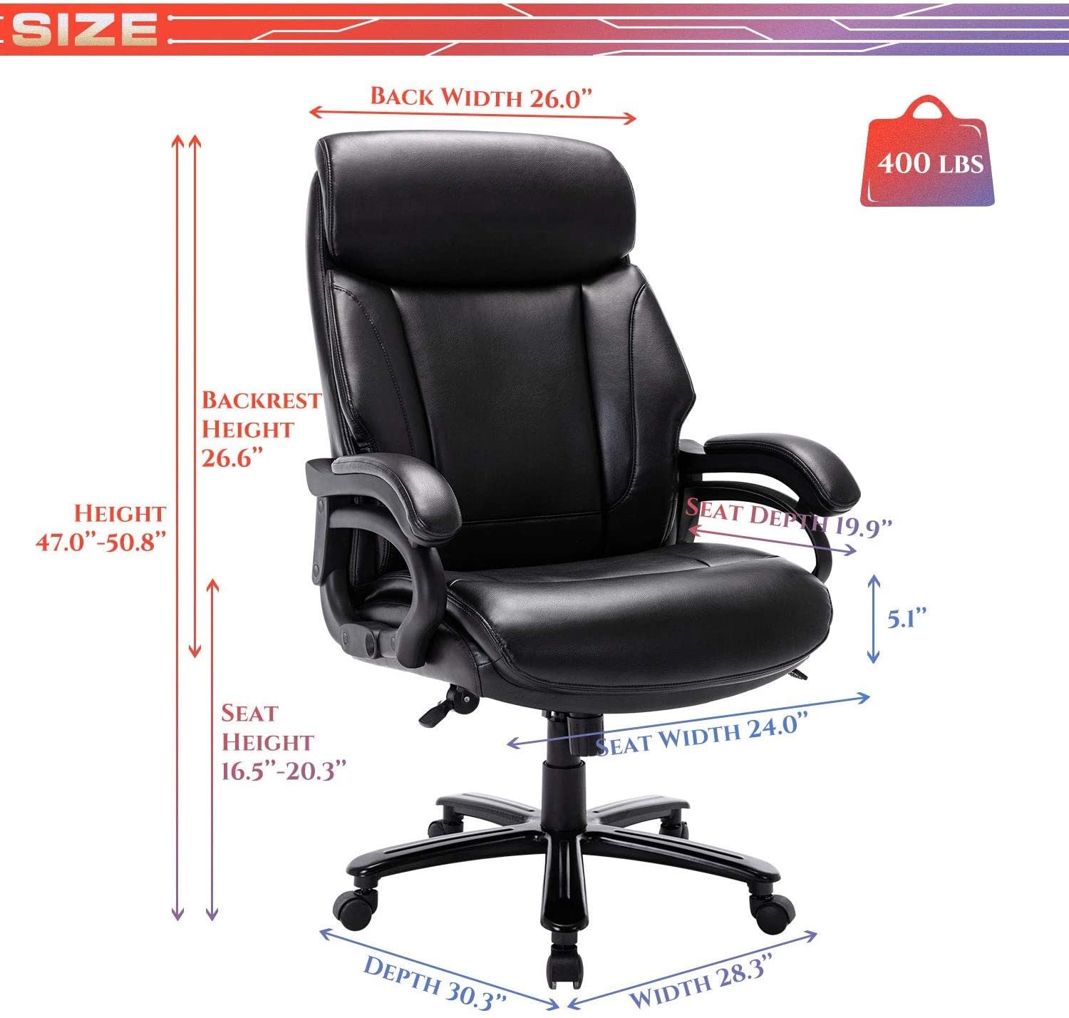 High Back Big & Tall 400lb Bonded Leather Office Chair Large Executive Desk Computer Swivel Chair - Heavy Duty Metal Base, Adjustable Tilt Angle, Ergonomic Design for Lumbar Support