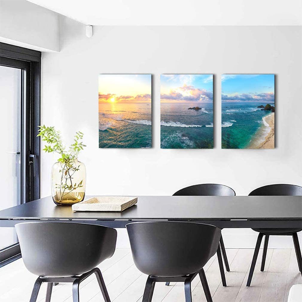 Blue Sea Sunset White Beach Painting For Bathroom Living Room Wall Art Decor - 3 Panels Abstract Wave Picture Prints on Canvas Stretched and Modern Ocean Natural Giclee Decoration Poster