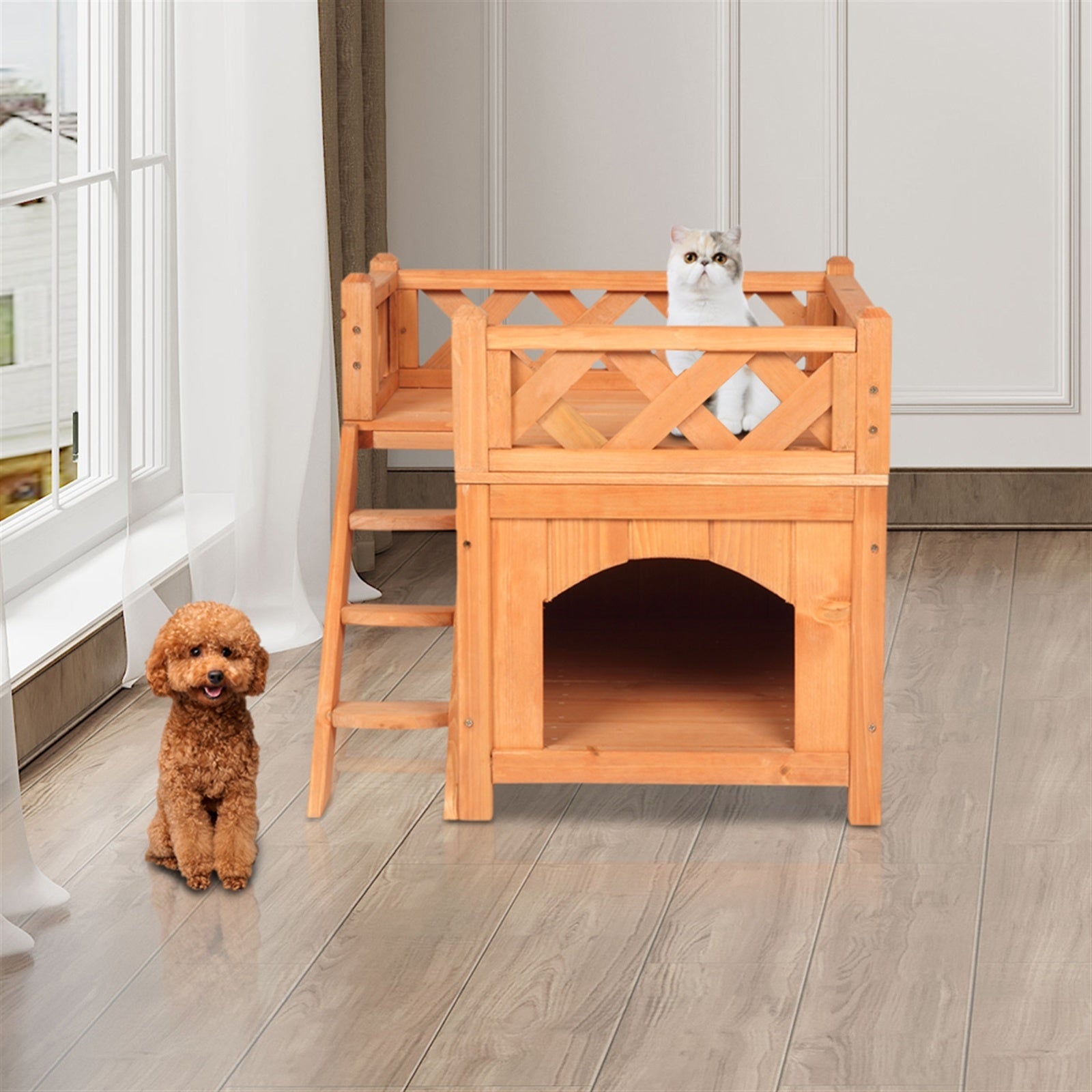 Wooden Cat Pet Home, Pet Products Insulated Cat House Small Living House Kennel with Ladder Platform Pet House Small Dog Indoor Outdoor Shelter