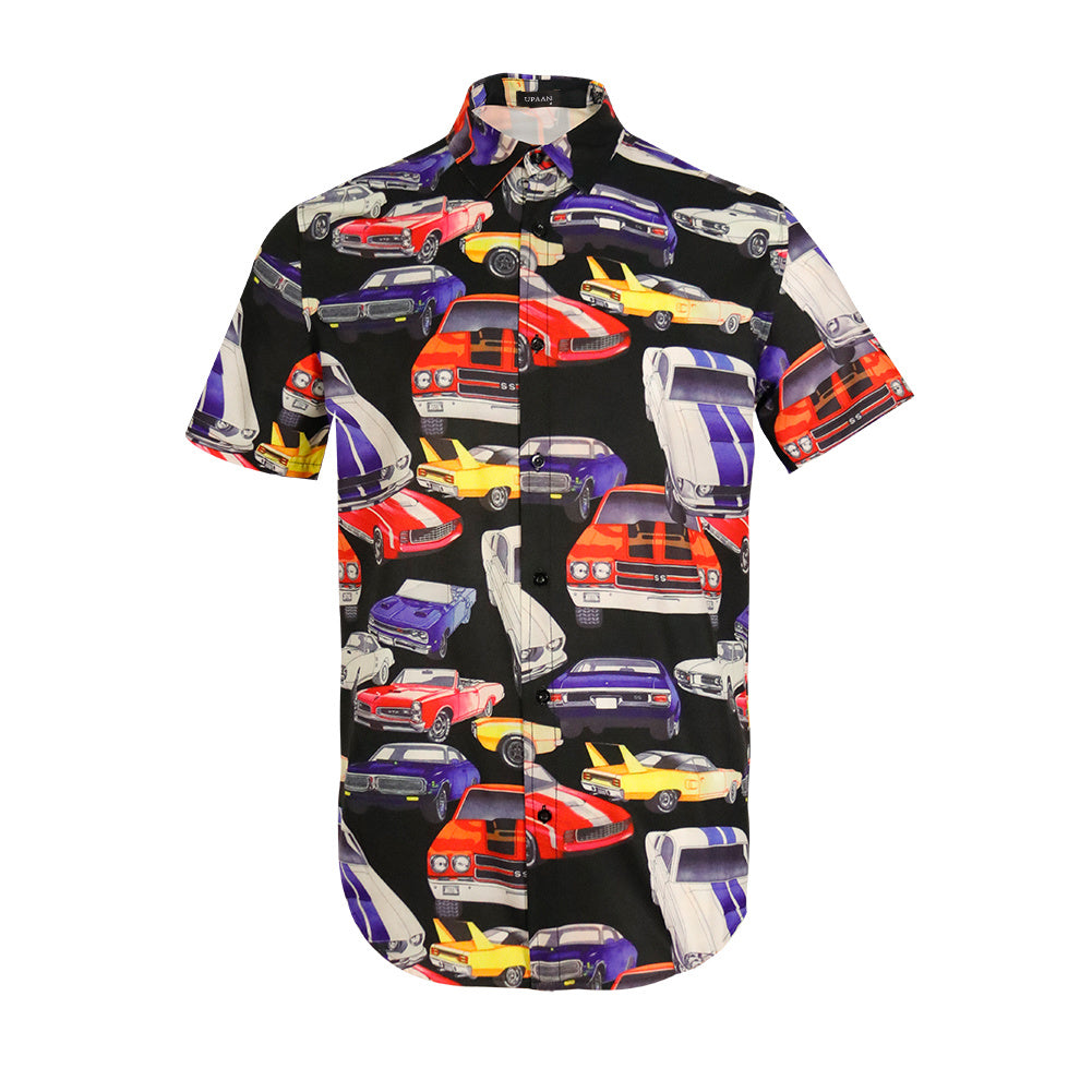 Men Retro Cars Print Casual Button Down Shirt Funny Graphic Short Sleeve Hawaiian Shirts