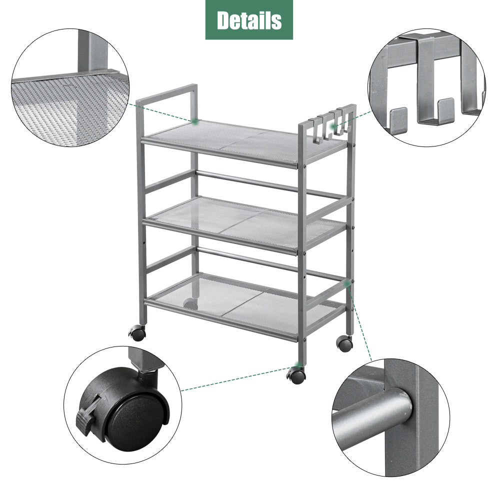 Hodely 3-Shelf Mesh Iron Shelving Unit with Casters for Home Kitchen Office Gray RT