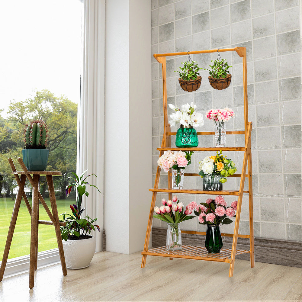 Free shipping 100% Bamboo Plant Frame Three Layers, Balcony Bamboo Frame Folding With Hanging Rod Flower Frame, Indoor Office Balcony, Living Room, Outdoor Garden Decoration YJ
