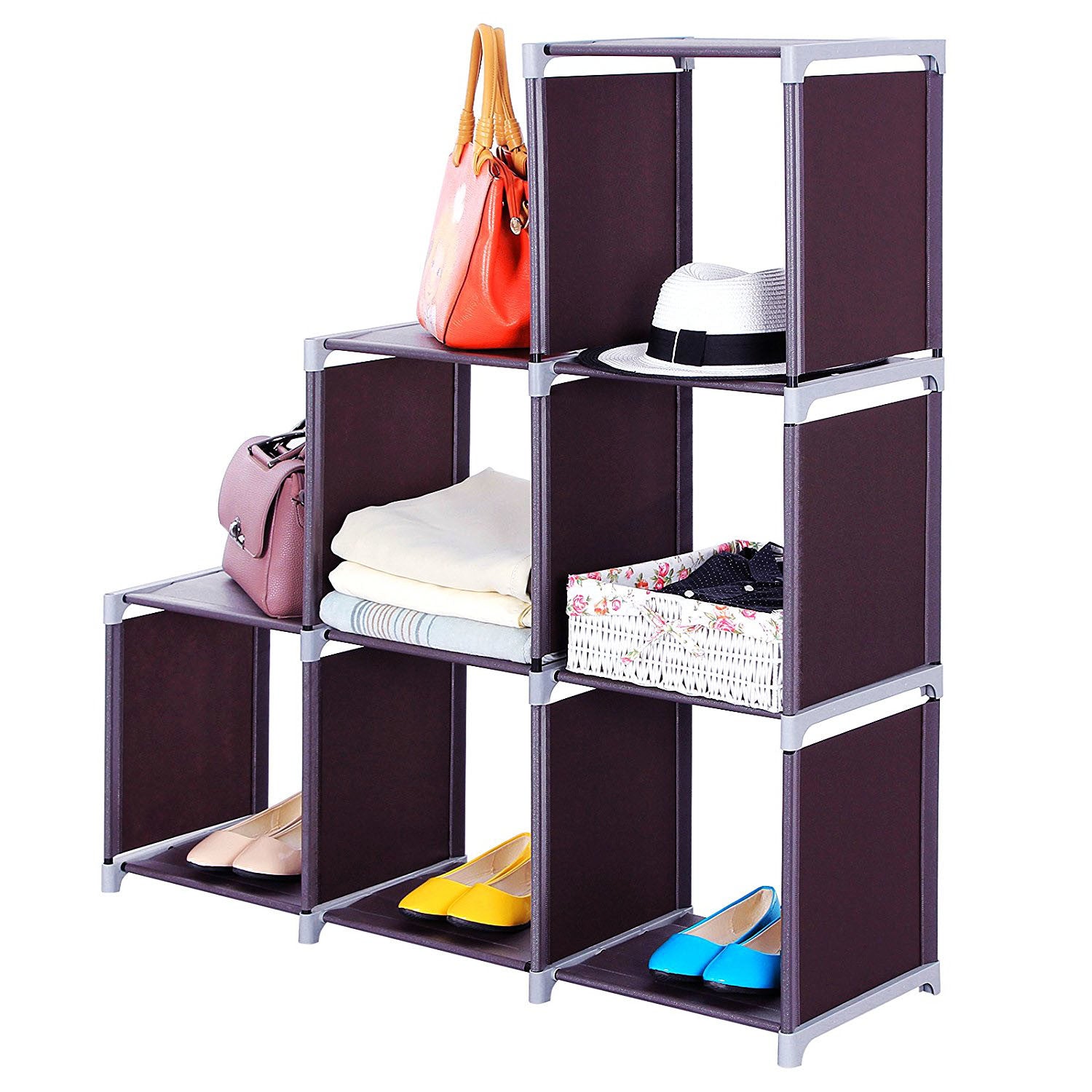 6 Cube Storage Shelves, Assembled Cube Bookcase Multifunctional Assembled 2 Tiers 6 Compartments Storage Organizer Cubes in Living Room, Bedroom RT