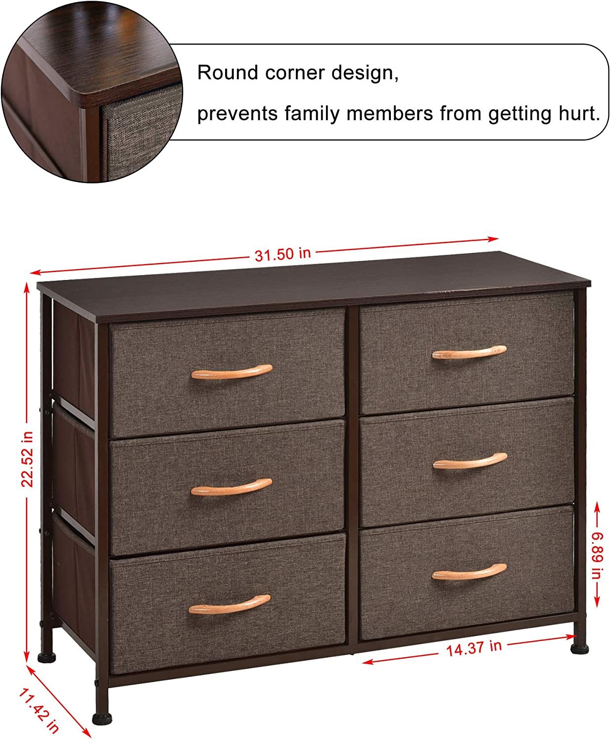 Dresser Closet with 6 Drawers, Storage Tower Unit for Bedroom, Hallway, Closet, Office Organization, Wood Top, Easy Pull Fabric Bins - Brown