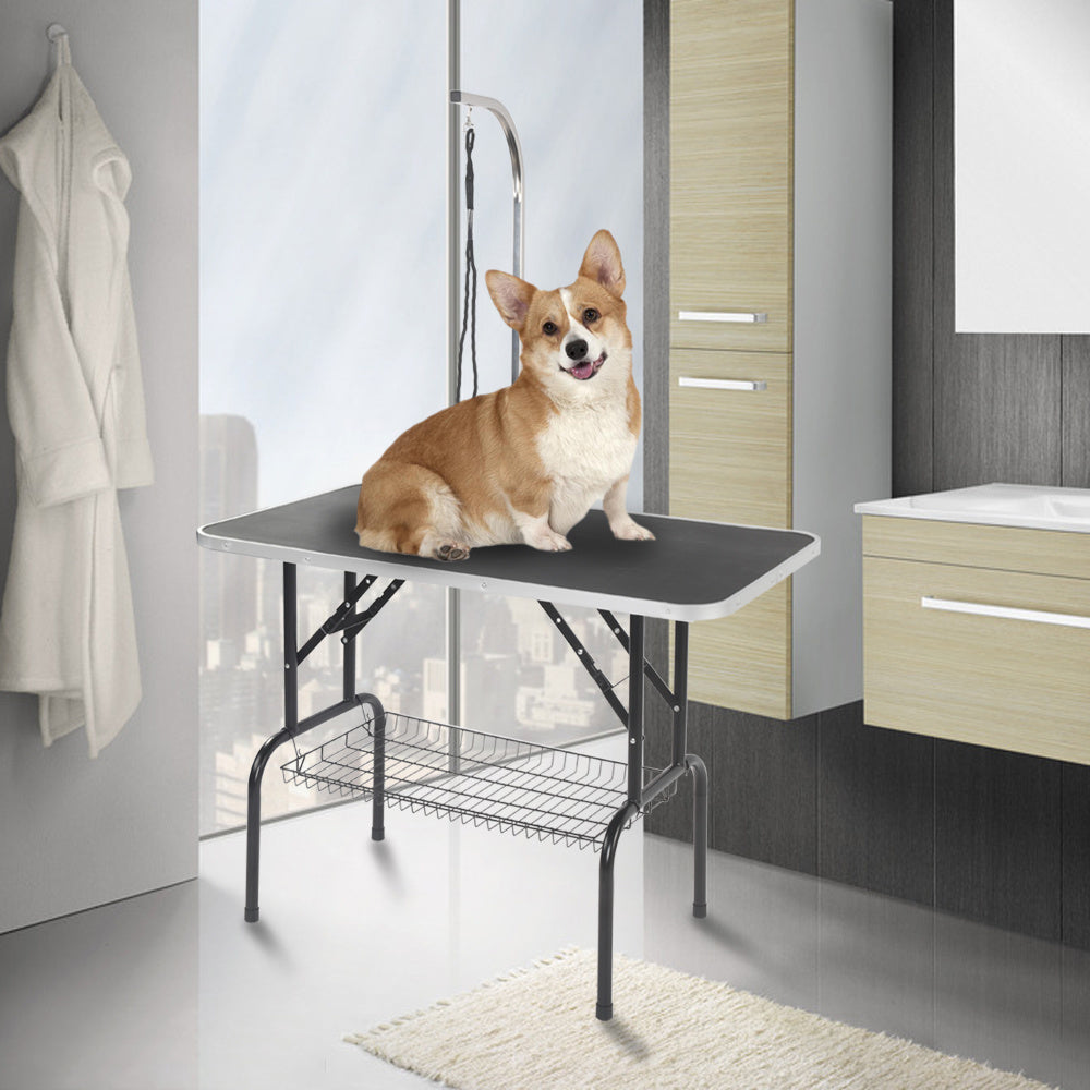 32" Foldable Pet Grooming Table with Mesh Tray and Adjustable Arm Silver Base with Black Table YF