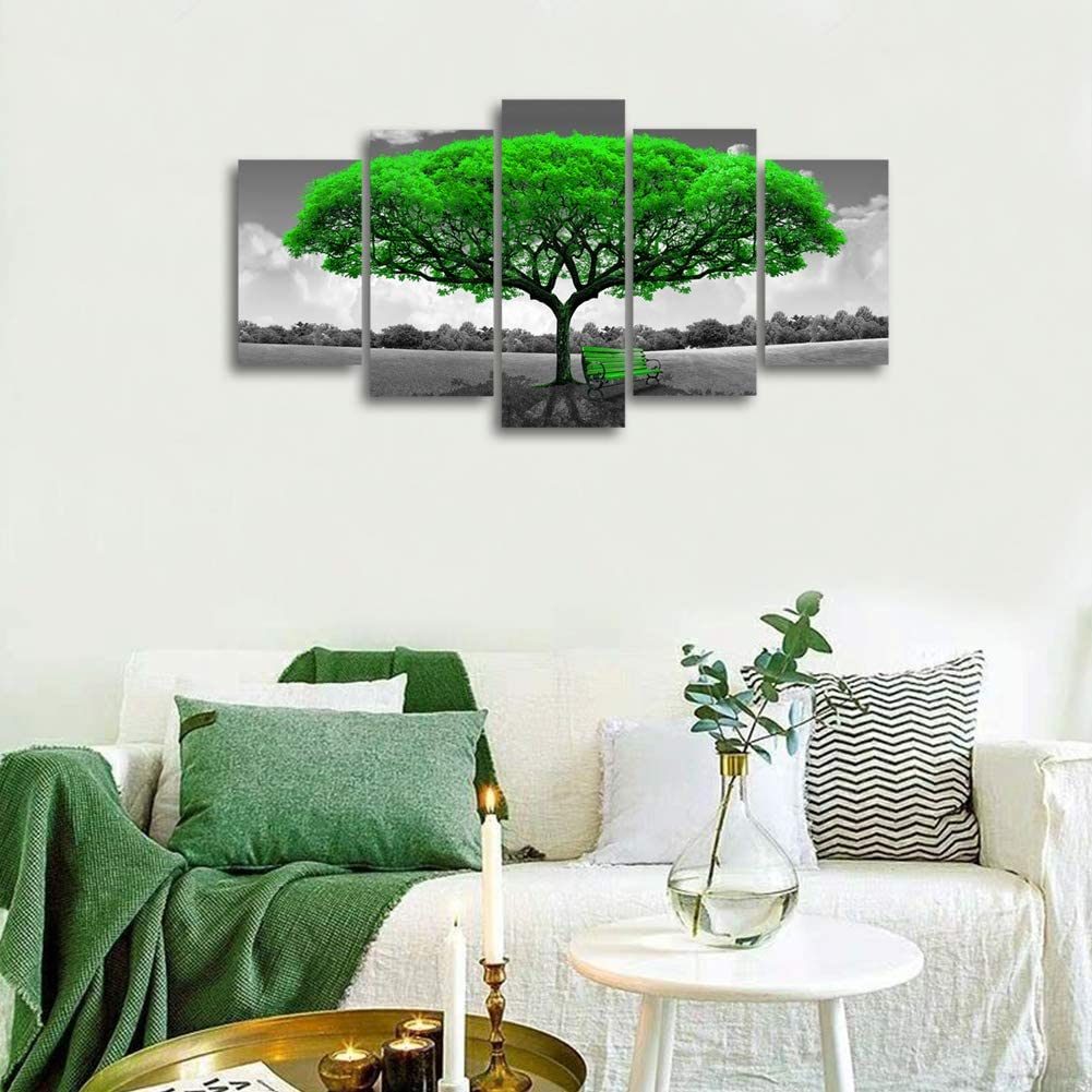 Canvas Wall Art Green Tree Landscape Painting Black and White Picture Prints Framed Artwork Large Wall Art for Living Room Bedroom Decoration 5 Pieces