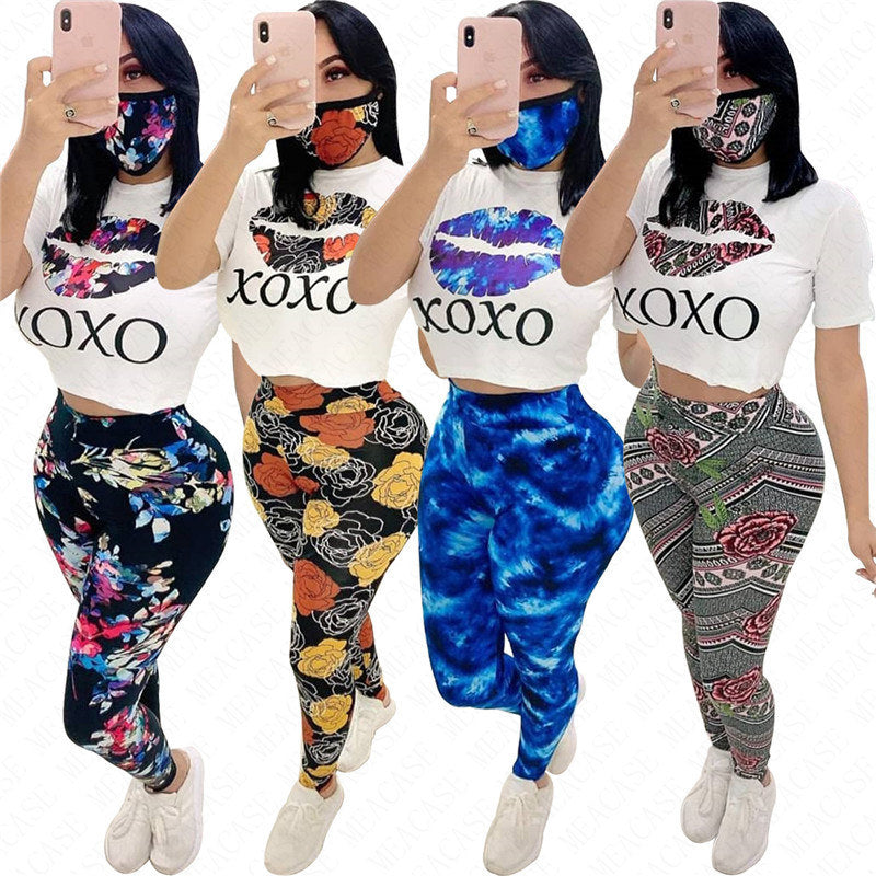 Women Letters Floral Lips Print Summer Leggings Set Women Three Piece Set with Mask Outfits Short Sleeves T shirt Pants Sport Suit Tracksuit Sportswear D61908