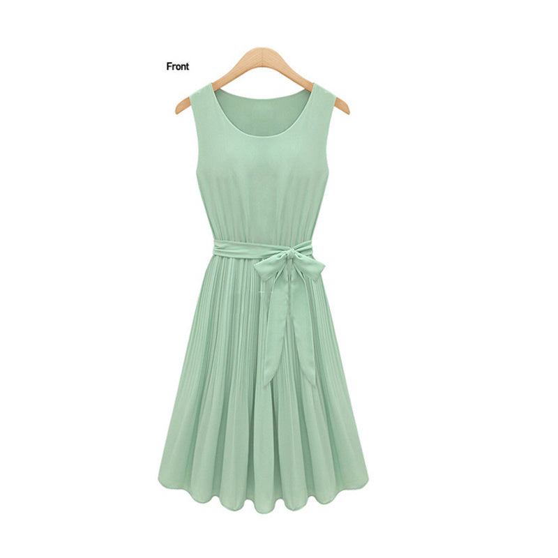 US store free delivery casual Lady Pleated Chiffon Bow Belt Sleeveless Vest Summer Dress Skirt