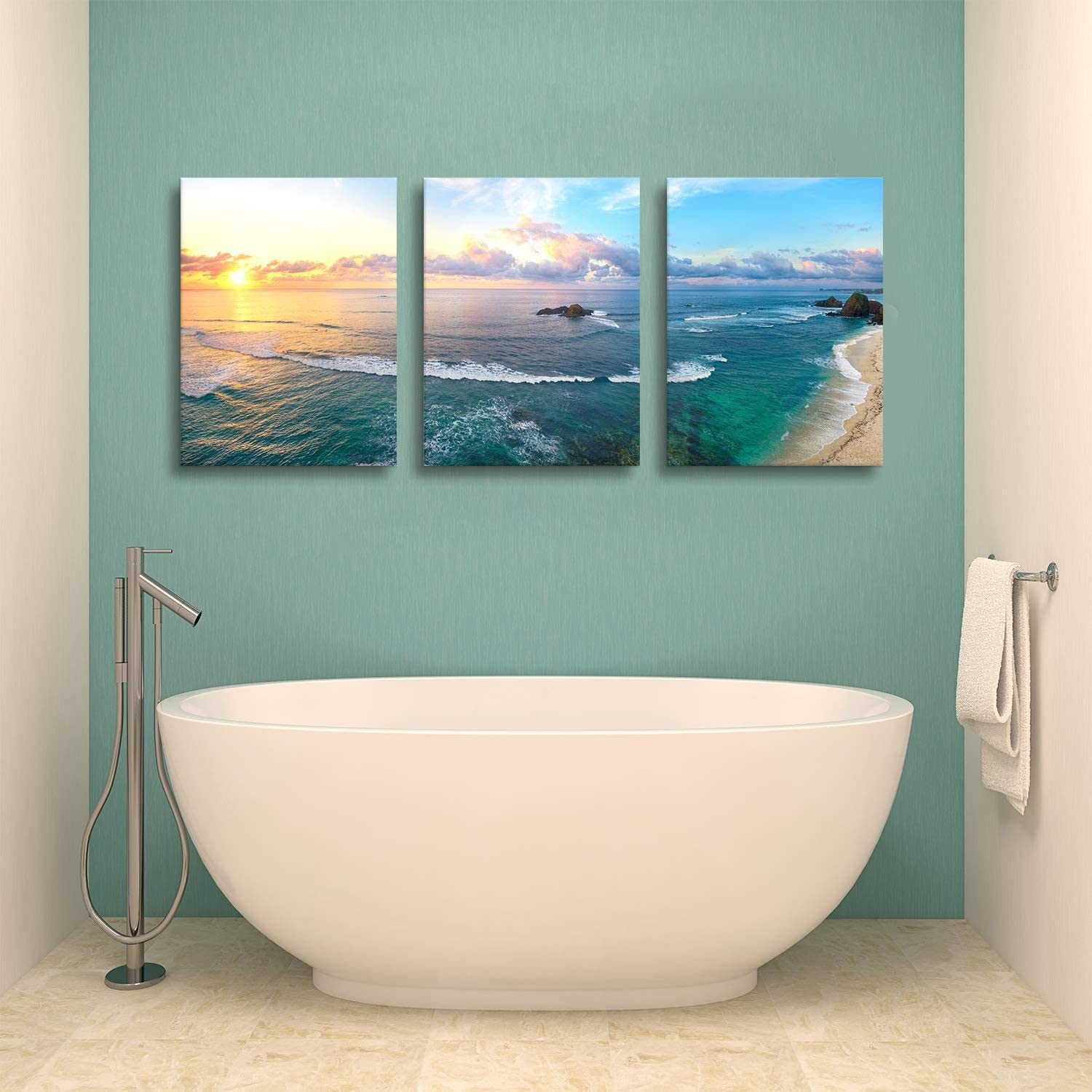 Blue Sea Sunset White Beach Painting For Bathroom Living Room Wall Art Decor - 3 Panels Abstract Wave Picture Prints on Canvas Stretched and Modern Ocean Natural Giclee Decoration Poster