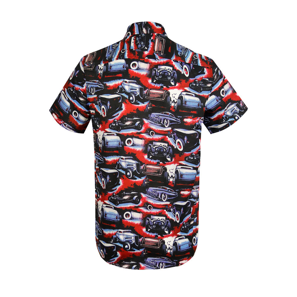 Men Retro Cars Print Casual Button Down Shirt Funny Graphic Short Sleeve Hawaiian Shirts