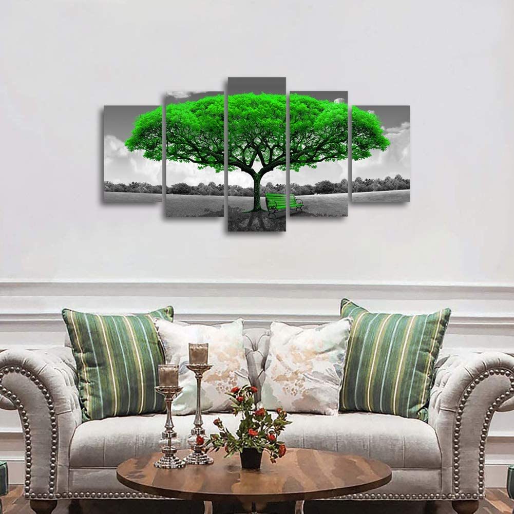 Canvas Wall Art Green Tree Landscape Painting Black and White Picture Prints Framed Artwork Large Wall Art for Living Room Bedroom Decoration 5 Pieces