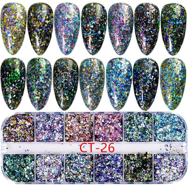 12 Grids/Set Mixed size Nail Glitter Flakes 3D Sequins Paillette Powder Charm Nail Art Decoration Manicure tools CT01-20