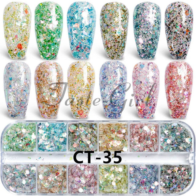 12 Grids/Set Mixed size Nail Glitter Flakes 3D Sequins Paillette Powder Charm Nail Art Decoration Manicure tools CT01-20