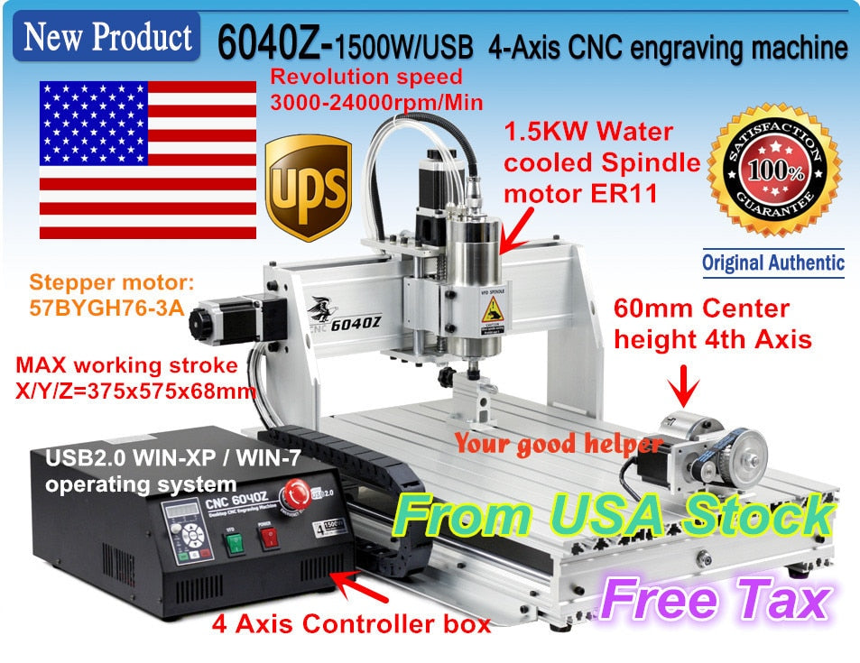 From USA ship New type 4-Axis 6040Z 1500W 1.5KW USB Mach3 CNC Router Engraver Engraving Milling Cutting machine 110V/220V