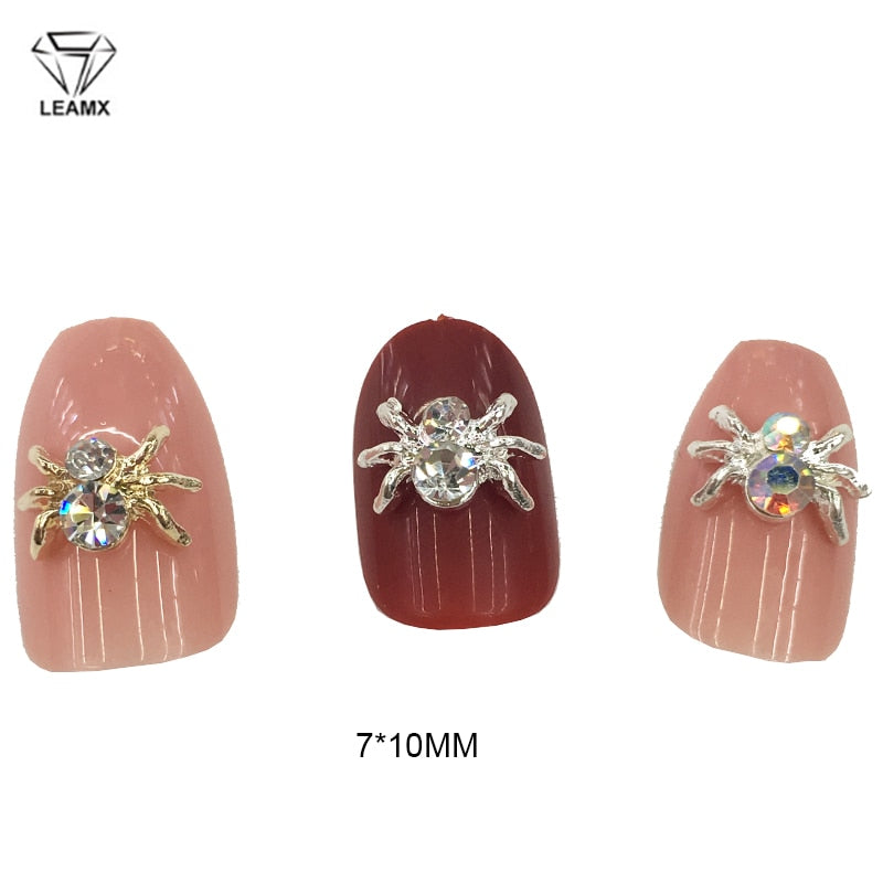 LEAMX 10pcs Alloy Spider Nail Art Decorations 3D AB/White Rhinestone Adornment Spider Nail Jewelry Sparkling Nail Supplies L459