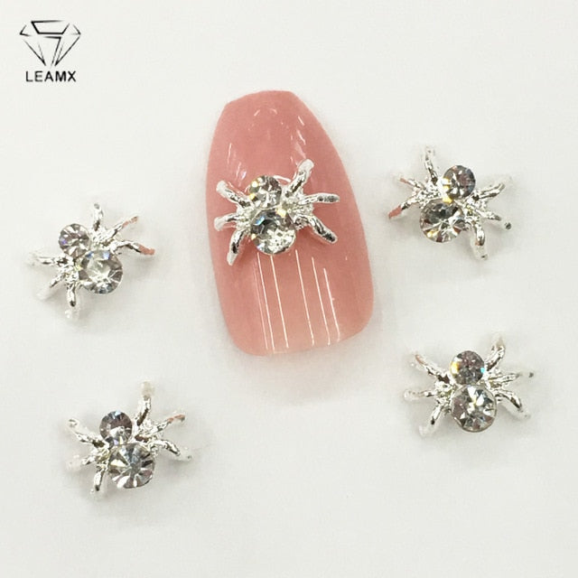 LEAMX 10pcs Alloy Spider Nail Art Decorations 3D AB/White Rhinestone Adornment Spider Nail Jewelry Sparkling Nail Supplies L459