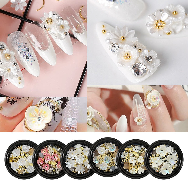 nail art shell flower jewelry opal Japanese pearl rivet diamond 3D Nail art charms, shell flowers, Alloy jewelry, Rhinestones,