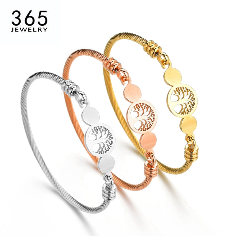 Charm Stainless Steel Hollow Tree of Life Bracelets Women Men Gold Lucky Round Bangle Jewelry Gift Dropshipping