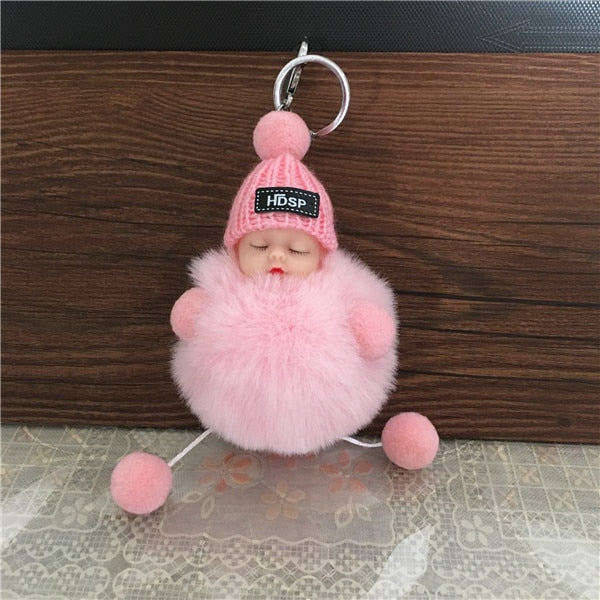 Cute Cartoon Sleeping Doll Keychain Fur Ball Plush KeyChain Keyring Women Handbag Car Key Holder Bag Pendant Toys for Kids Gift