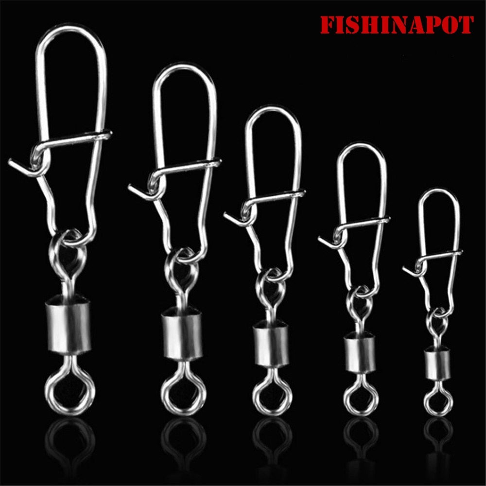 FISHINAPOT 30pcs/lot 2#-10# Stainless Steel Connector Bait Spinner Fishing Lure Rolling Swivel With Fast Lock Snap Hook Rotating