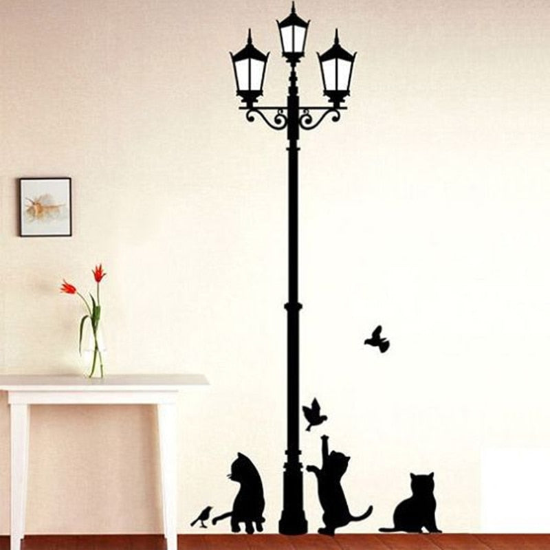 Creative DIY Popular Ancient Lamp Cats and Birds Wall Sticker cartoon Wall Mural Home Decor Room Kids Decals Wallpaper
