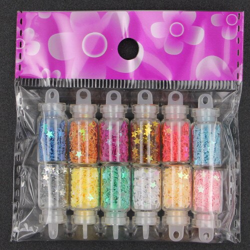 12 Bottle Beautiful Rhinestone Glitter Star Heart Flower Powder Nail Sticker Set Manicure Decor Accessories DIY Craft Supplies