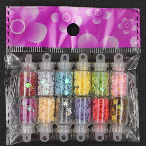 12 Bottle Beautiful Rhinestone Glitter Star Heart Flower Powder Nail Sticker Set Manicure Decor Accessories DIY Craft Supplies