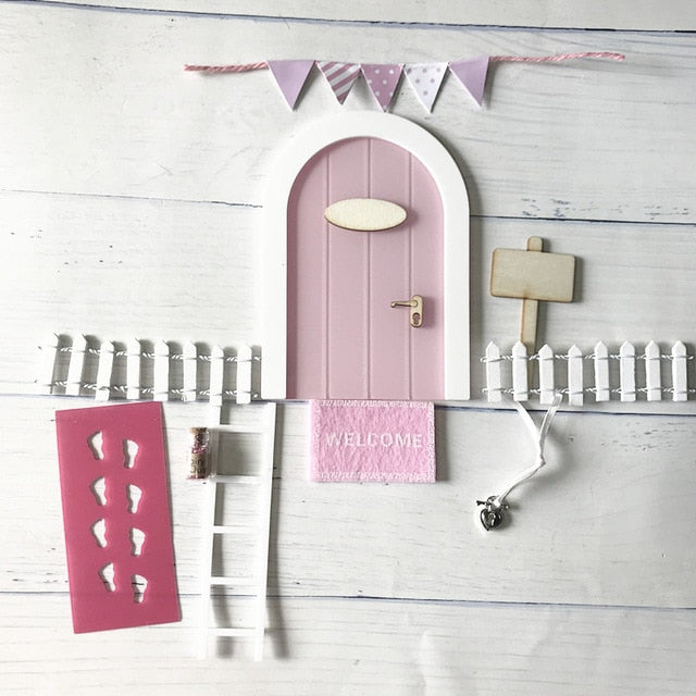 Mini Fairy door Hand Made Cute pink Mouse hole, miniature wooden door with bunting and personalised sign post