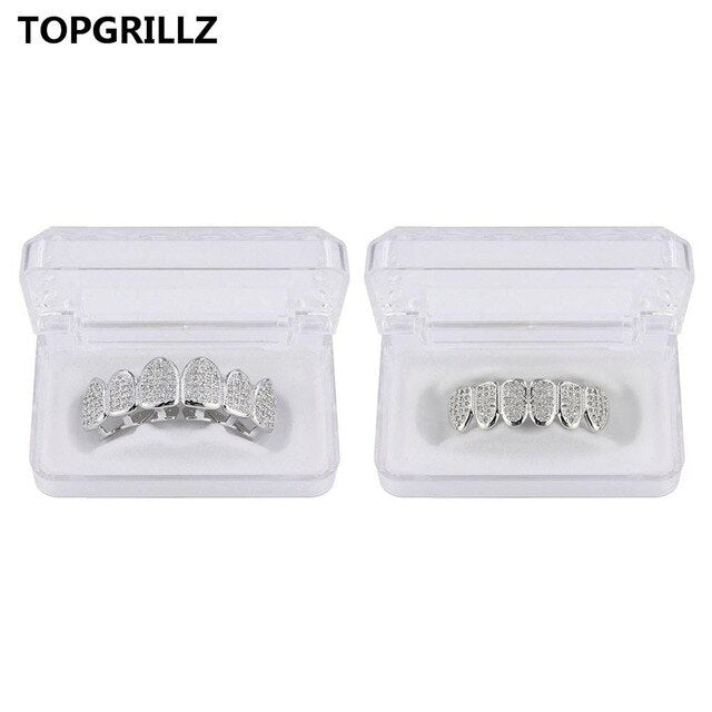 TOPGRILLZ Hip Hop Gold Color Plated Teeth Grillz Caps CZ Micro Pave Exclusive Luxury Top&Bottom Gold Grillz Set Ship From US