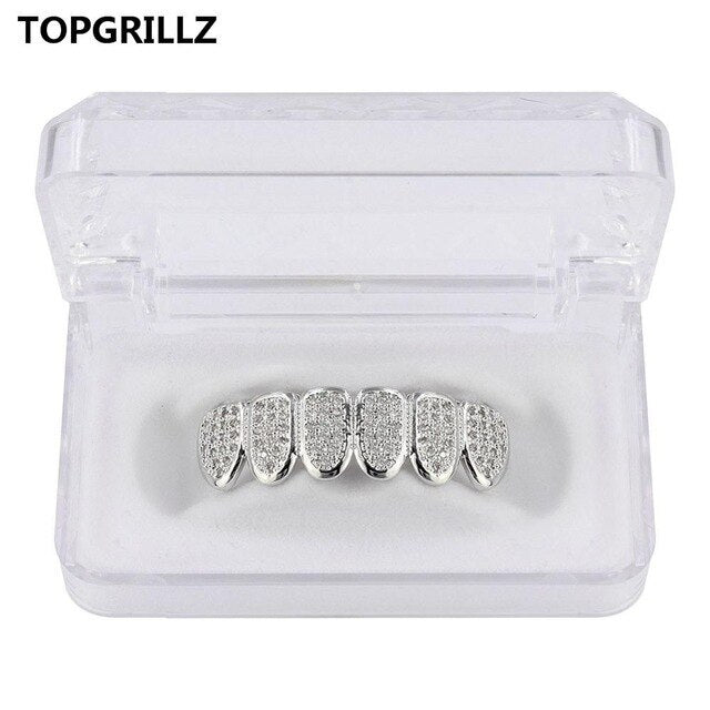 TOPGRILLZ Hip Hop Gold Color Plated Teeth Grillz Caps CZ Micro Pave Exclusive Luxury Top&Bottom Gold Grillz Set Ship From US