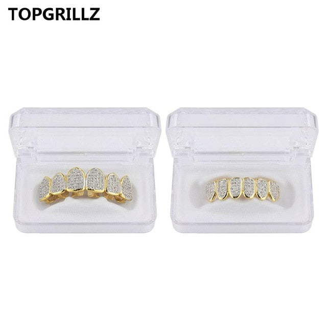 TOPGRILLZ Hip Hop Gold Color Plated Teeth Grillz Caps CZ Micro Pave Exclusive Luxury Top&Bottom Gold Grillz Set Ship From US