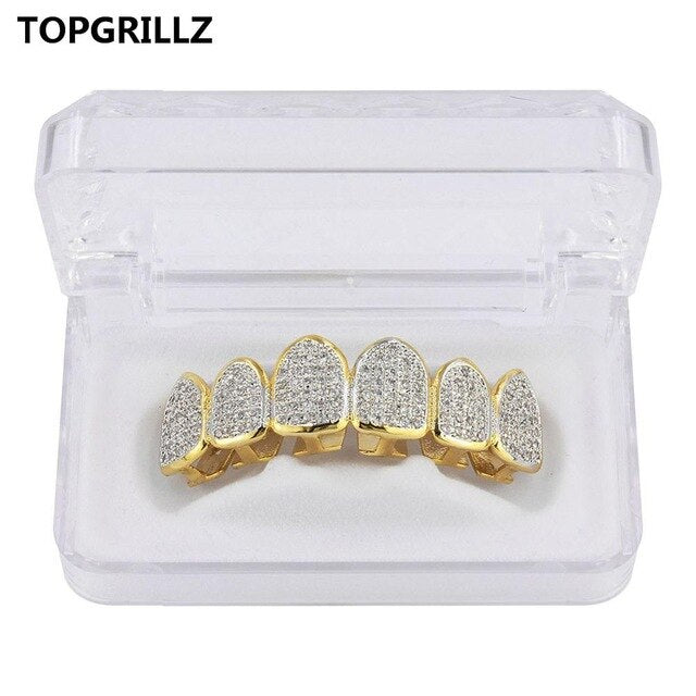 TOPGRILLZ Hip Hop Gold Color Plated Teeth Grillz Caps CZ Micro Pave Exclusive Luxury Top&Bottom Gold Grillz Set Ship From US