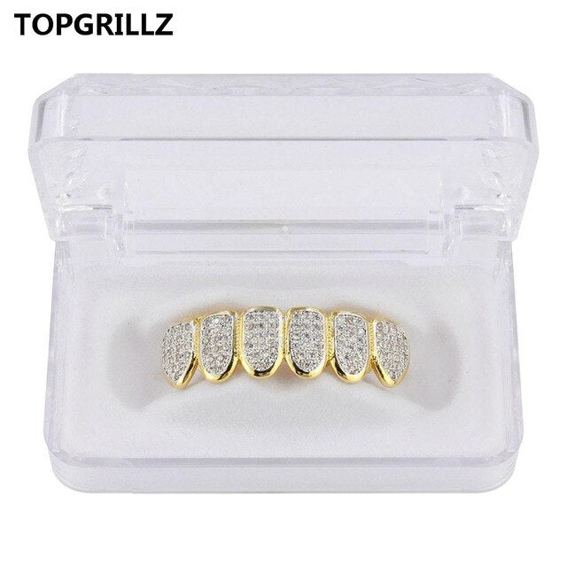 TOPGRILLZ Hip Hop Gold Color Plated Teeth Grillz Caps CZ Micro Pave Exclusive Luxury Top&Bottom Gold Grillz Set Ship From US