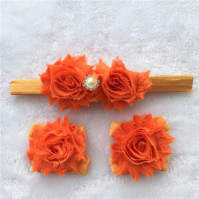 BalleenShiny 3PCS Flower Headband Baby Girls Barefoot Sandals Hair Foot Accessories Elastic Fashion Foot Decoration Kids Gift