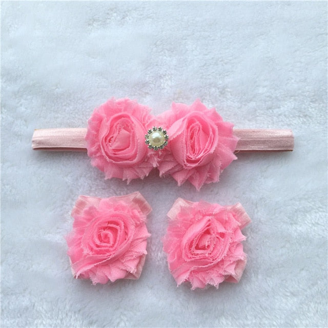 BalleenShiny 3PCS Flower Headband Baby Girls Barefoot Sandals Hair Foot Accessories Elastic Fashion Foot Decoration Kids Gift