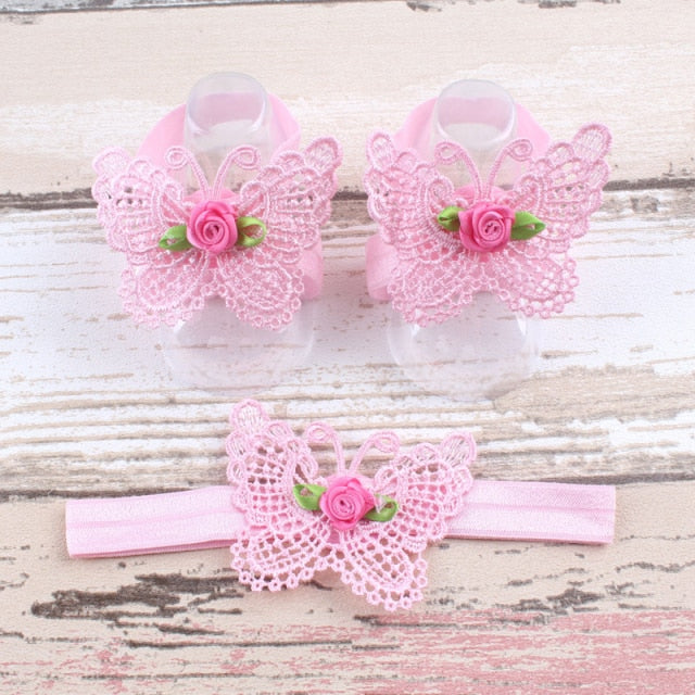 BalleenShiny 3PCS Flower Headband Baby Girls Barefoot Sandals Hair Foot Accessories Elastic Fashion Foot Decoration Kids Gift