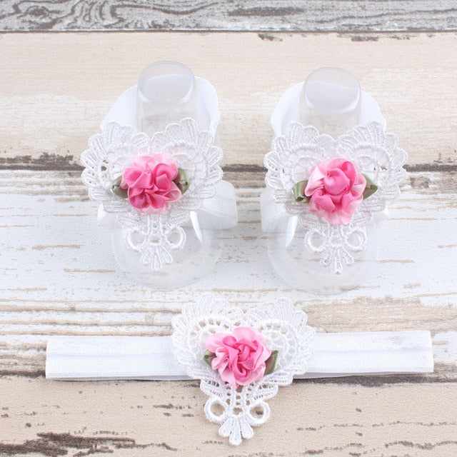 BalleenShiny 3PCS Flower Headband Baby Girls Barefoot Sandals Hair Foot Accessories Elastic Fashion Foot Decoration Kids Gift