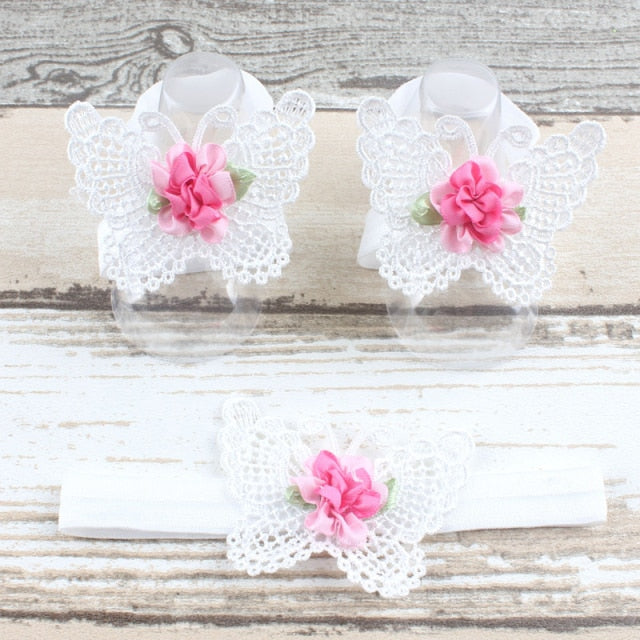 BalleenShiny 3PCS Flower Headband Baby Girls Barefoot Sandals Hair Foot Accessories Elastic Fashion Foot Decoration Kids Gift