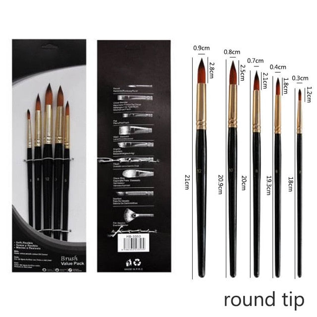 Artist Paint Brush Set 5Pcs High Quality Nylon Hair Wood Black Handle Watercolor Acrylic Oil Brush Painting Art Supplies