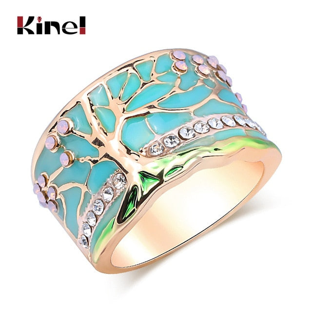 Kinel Hot Lucky Flower Tree Rings Fashion Gold Pink Opal Green Enamel Wide Ring For woman Party Crystal Vintage Jewelry 2019 New
