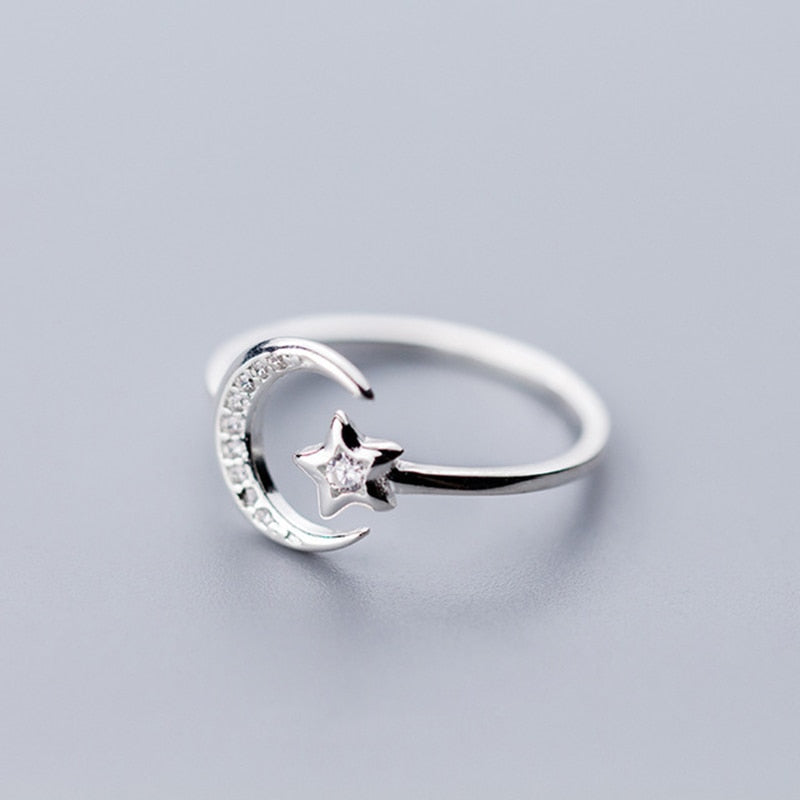 Real 925 Sterling Silver Minimalist Zircon Moon Star Opening Ring For Charming Women Party Fine Jewelry Cute 2019 Gift