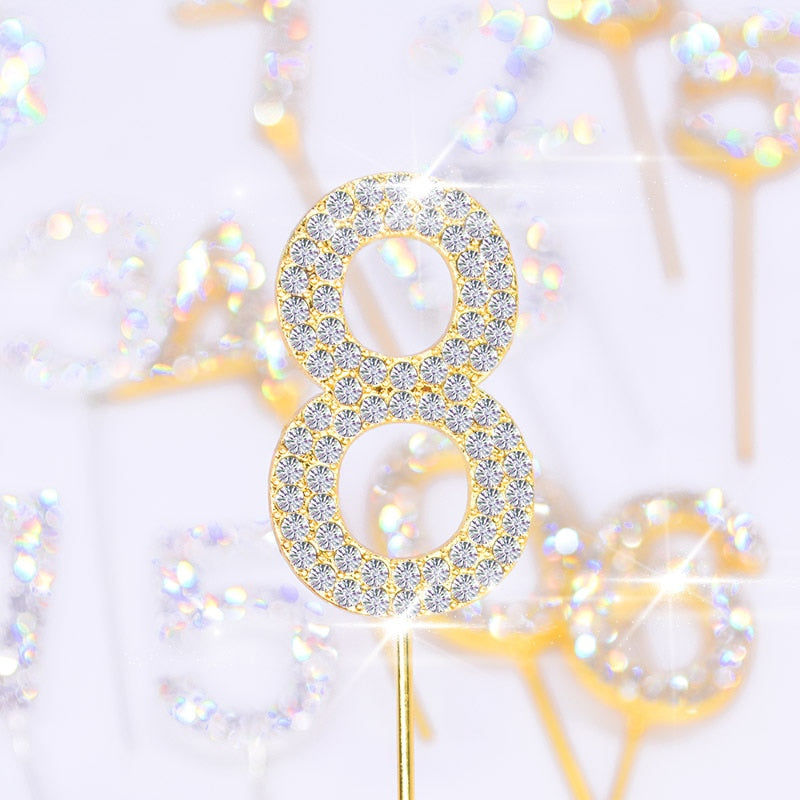 1Pc Glitter Alloy Rhinestone Number Cake Toppers Baby Shower Birthday Decoration Wedding Gold Silver Digital Cakes Dessert Decor