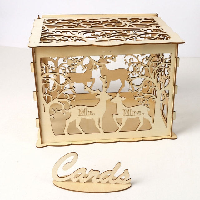 Wedding Card Boxes Wooden Box Wedding Supplies DIY Couple Deer Bird Flower Pattern Grid Business Card Wooden Box