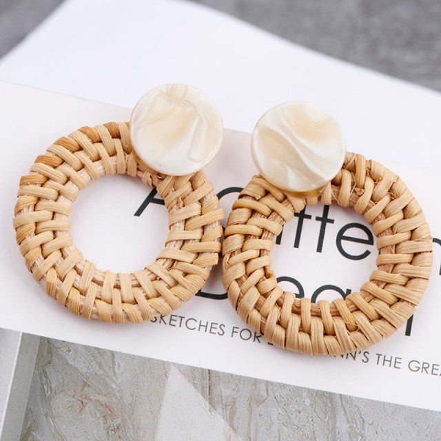 AENSOA Multiple 27 Style Korea Handmade Wooden Straw Weave Rattan Vine Braid Drop Earrings New Fashion Geometric Long Earrings