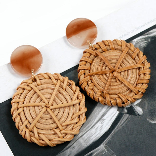 AENSOA Multiple 27 Style Korea Handmade Wooden Straw Weave Rattan Vine Braid Drop Earrings New Fashion Geometric Long Earrings