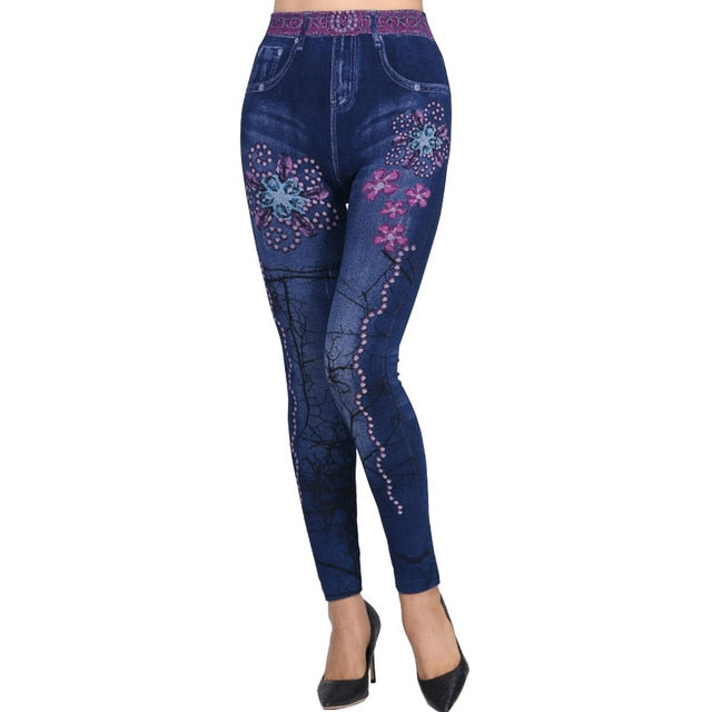 Fashion Slim Women Leggings Plus size Faux Denim Jeans Leggings Long Pocket Printing Summer Leggings Casual Pencil Pants