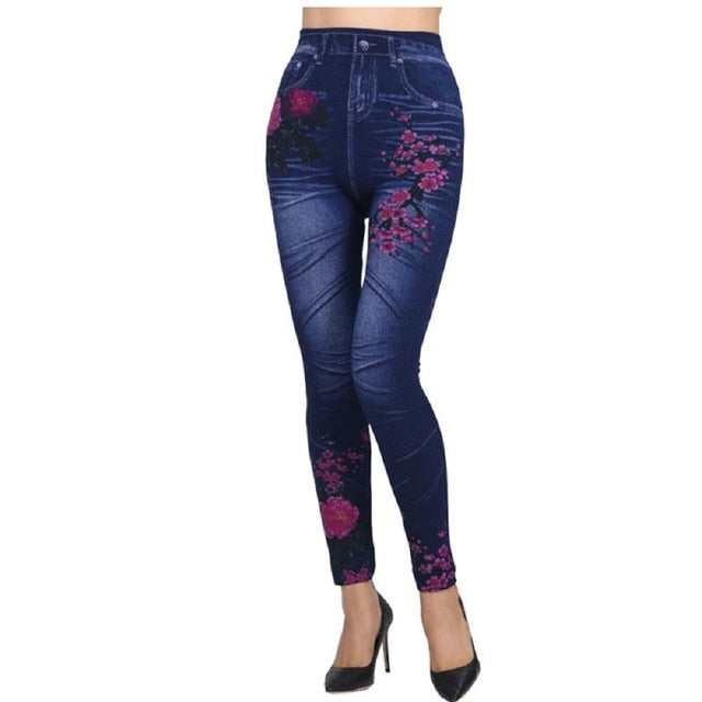 Fashion Slim Women Leggings Plus size Faux Denim Jeans Leggings Long Pocket Printing Summer Leggings Casual Pencil Pants