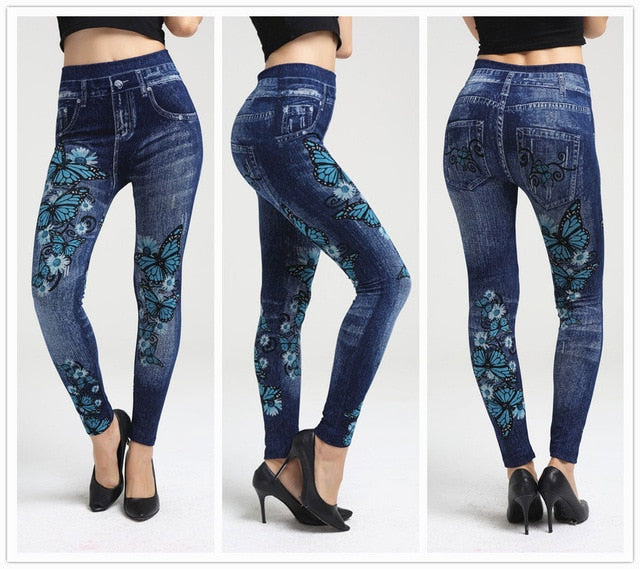 Fashion Slim Women Leggings Plus size Faux Denim Jeans Leggings Long Pocket Printing Summer Leggings Casual Pencil Pants